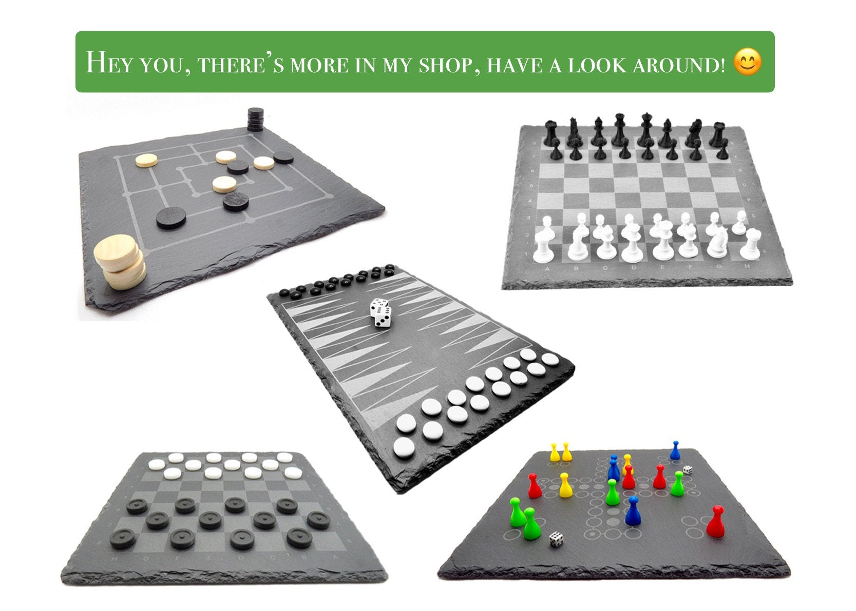 Übersicht Brettspiele Kollektion: Schach, Backgammon, Ludo und Go Varianten aus Schiefer und Holz.