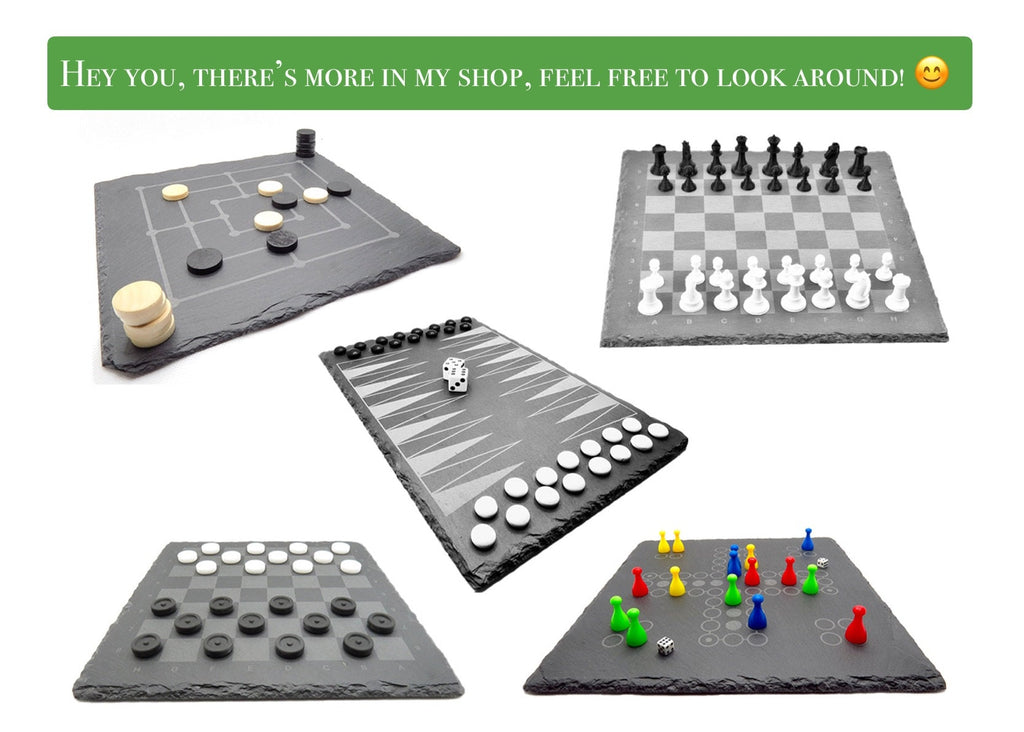 Design Brettspiele Kollektion Übersicht: Ludo, Schach, Backgammon und Mühle aus Schiefer und Holz.