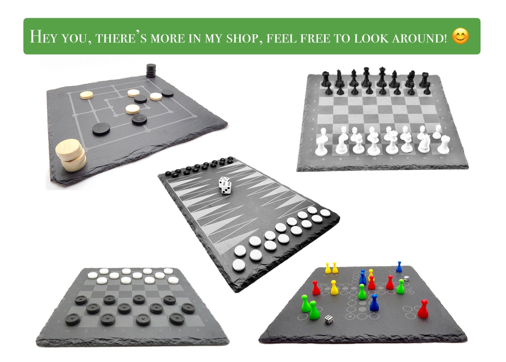 Design Brettspiele Kollektion Übersicht: Ludo, Schach, Backgammon und Mühle aus Schiefer und Holz.