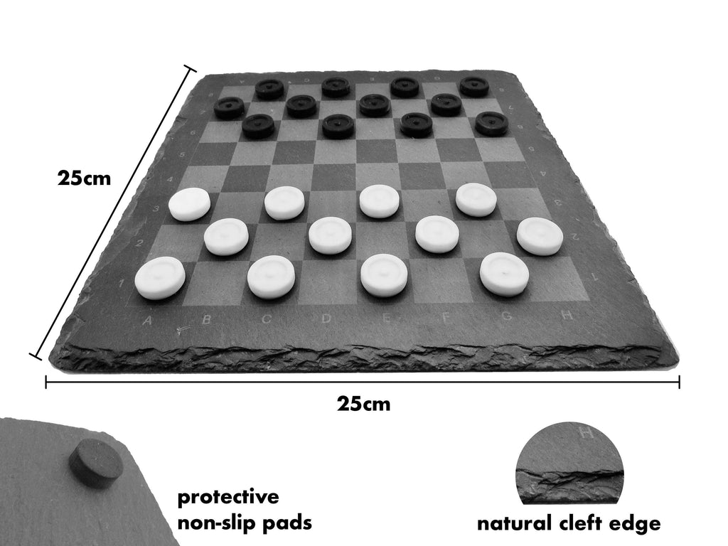 Maße Dame-Spielbrett: 25x25 cm Schieferplatte mit rutschfesten Gummifüßen und natürlicher Bruchkante.