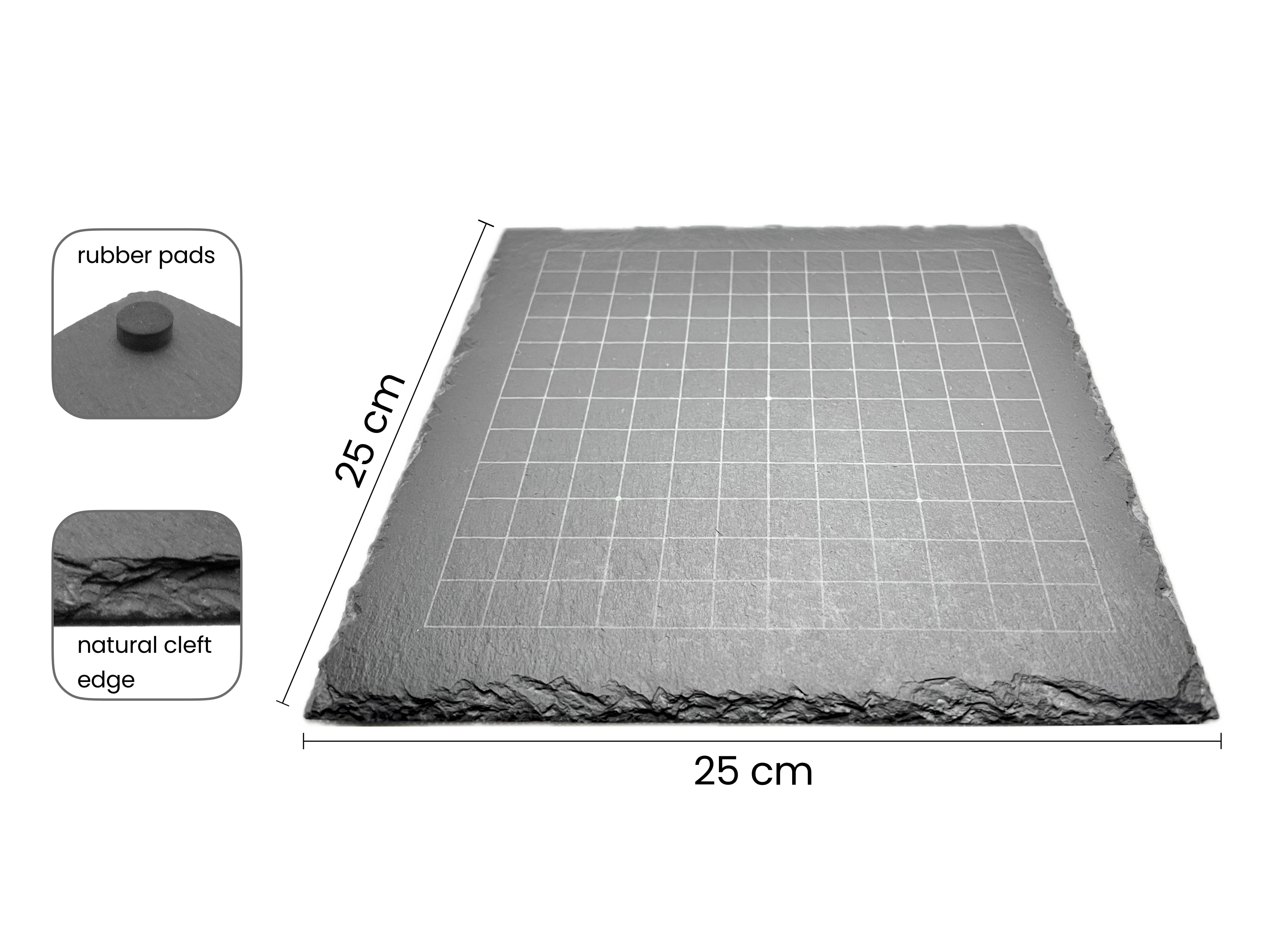 Maße Go-Spiel 13x13: 25 cm breites Schieferbrett mit natürlichen Bruchkanten und rutschfesten Gummifüßen.