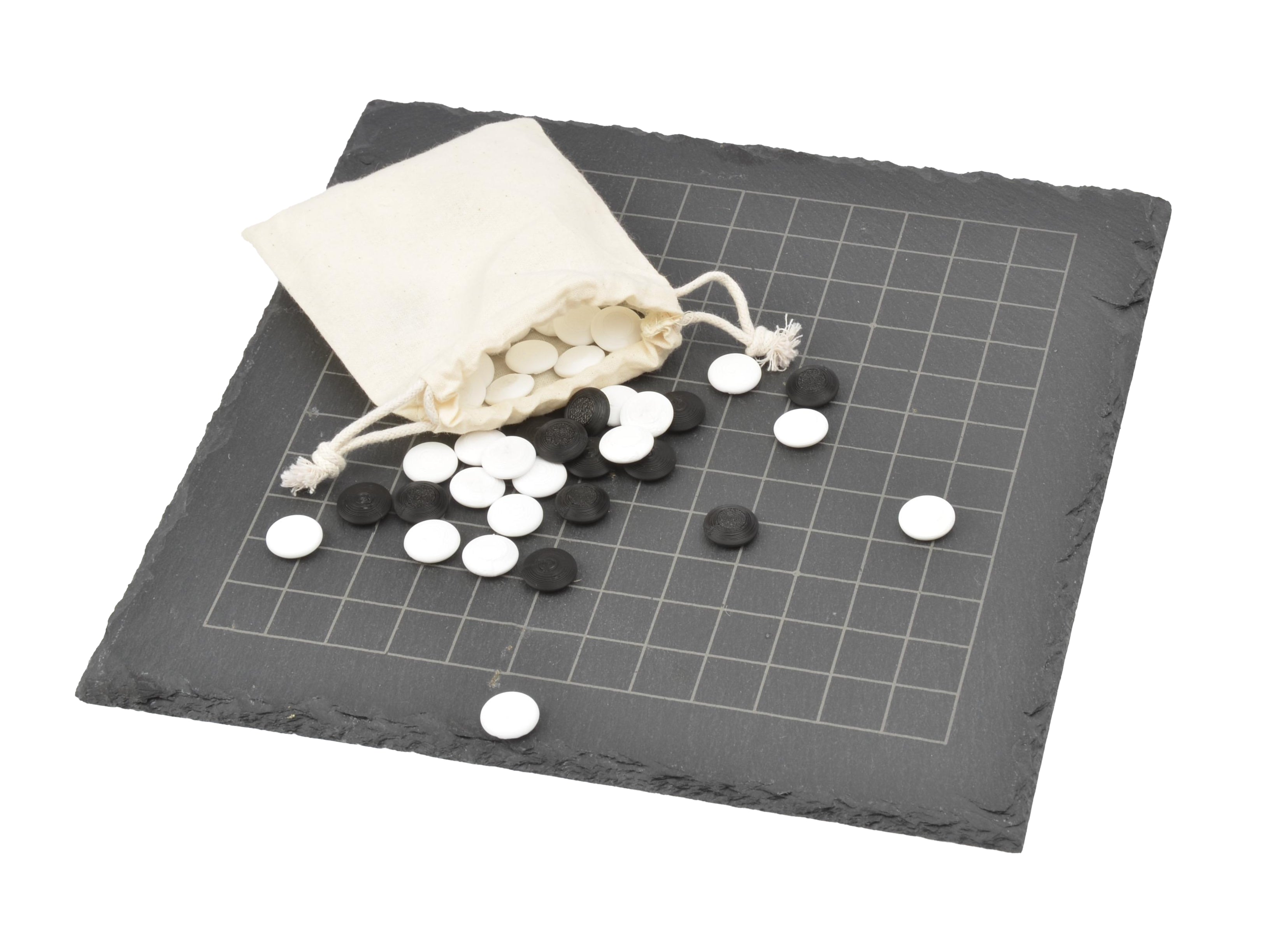Go Spiel 13x13 aus Schiefer: Mittleres Baduk-Brett 25x25cm mit Linsensteinen und Jutebeutel.
