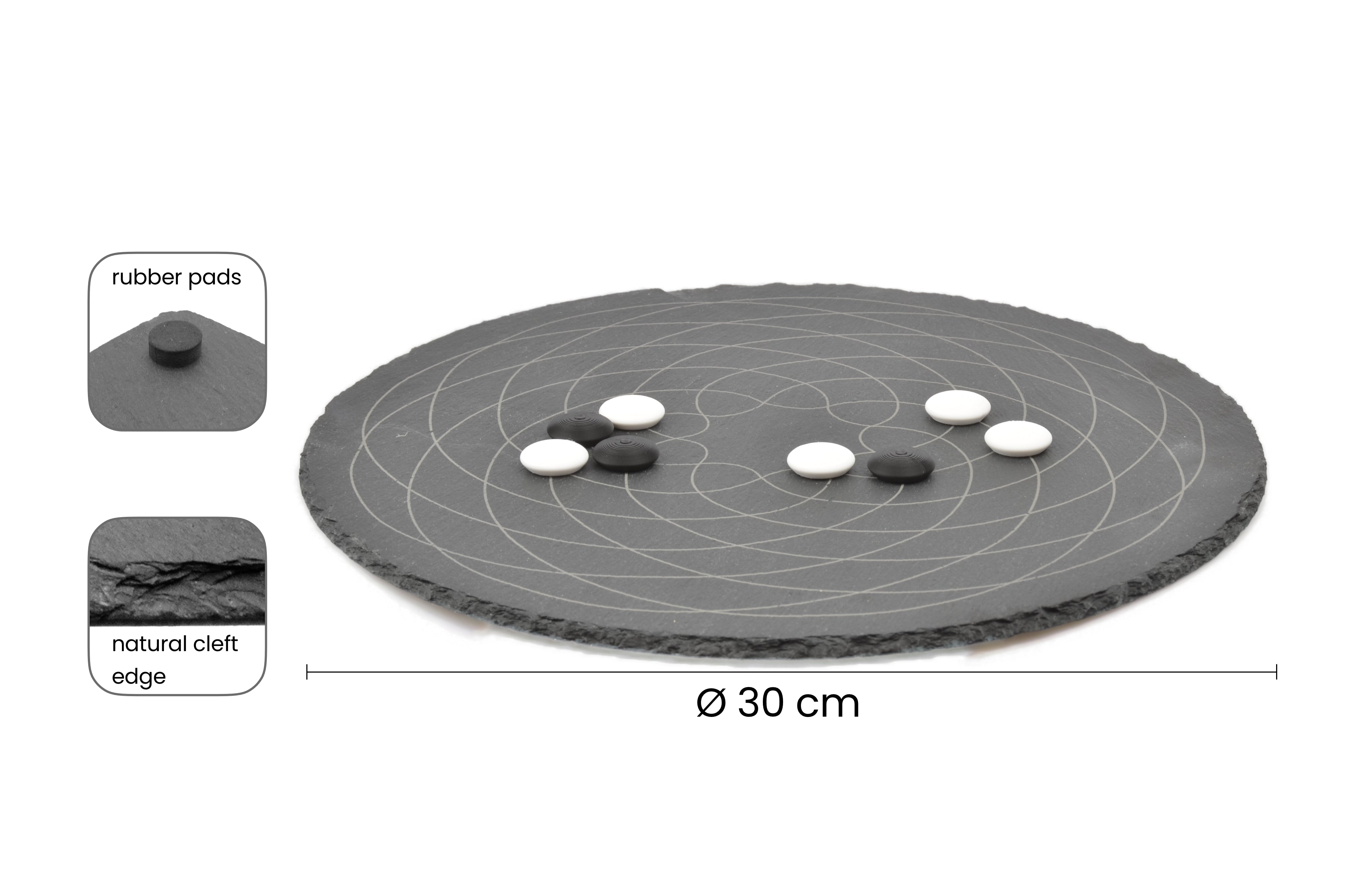 Maße und Profil: 30 cm Durchmesser Schieferbrett mit rutschfesten Gummifüßen (Rubber Pads).