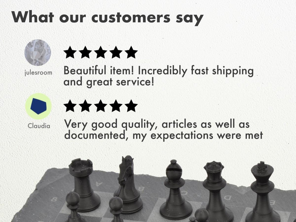 Kundenbewertungen für das Design Schachspiel: 5 Sterne Rezensionen loben Qualität, schnellen Versand und modernes Design.