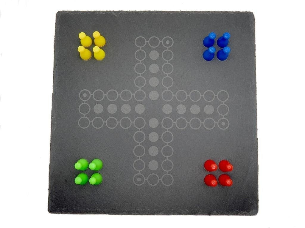 Draufsicht Ludo Spielbrett: Aufbau der vier Farben in den Startfeldern auf dem quadratischen Schiefer.