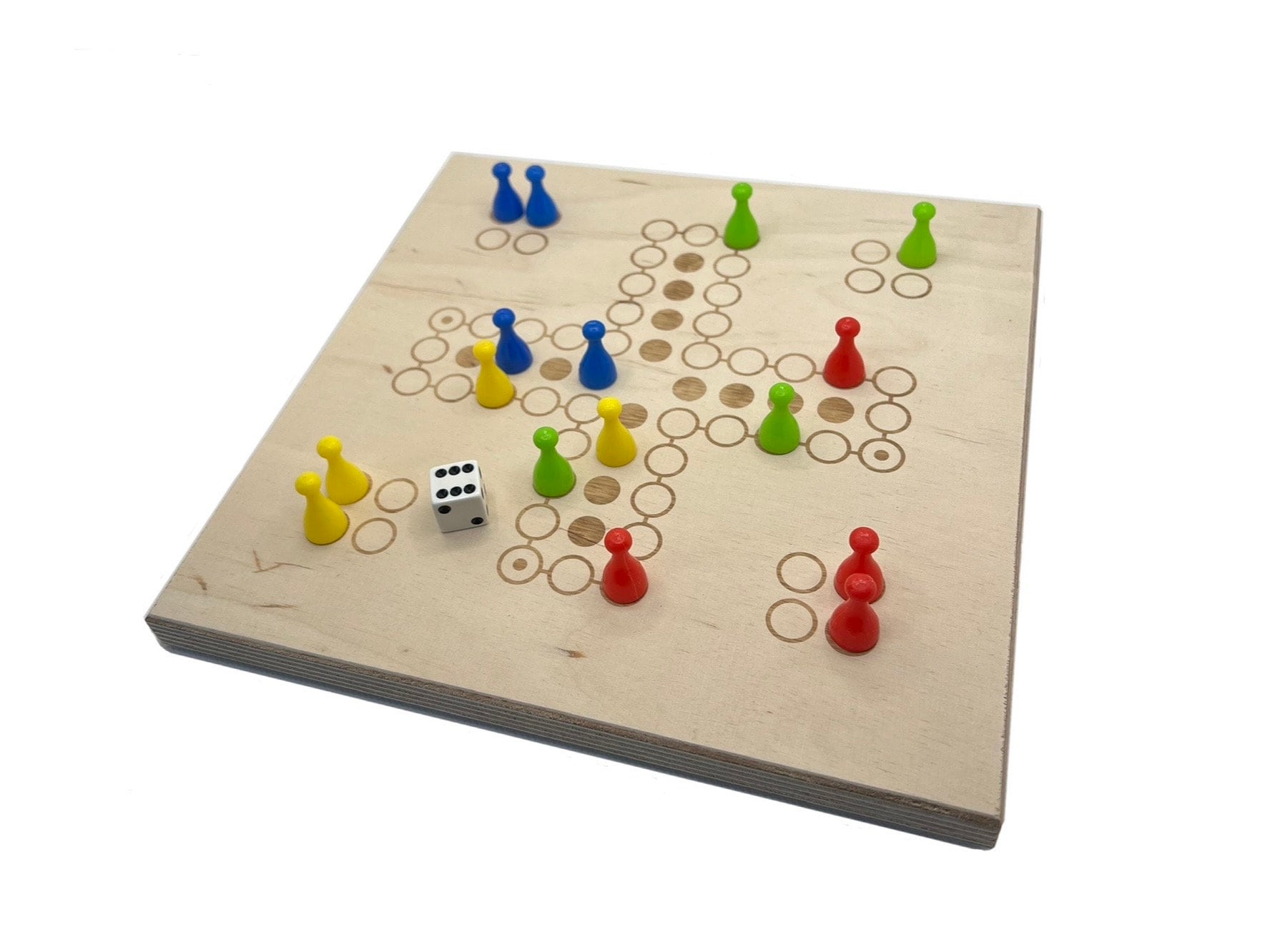 Ludo Holzspielbrett: Klassisches Brettspiel im Mensch-ärgere-dich-nicht Stil aus hellem Echtholz mit bunten Spielfiguren.