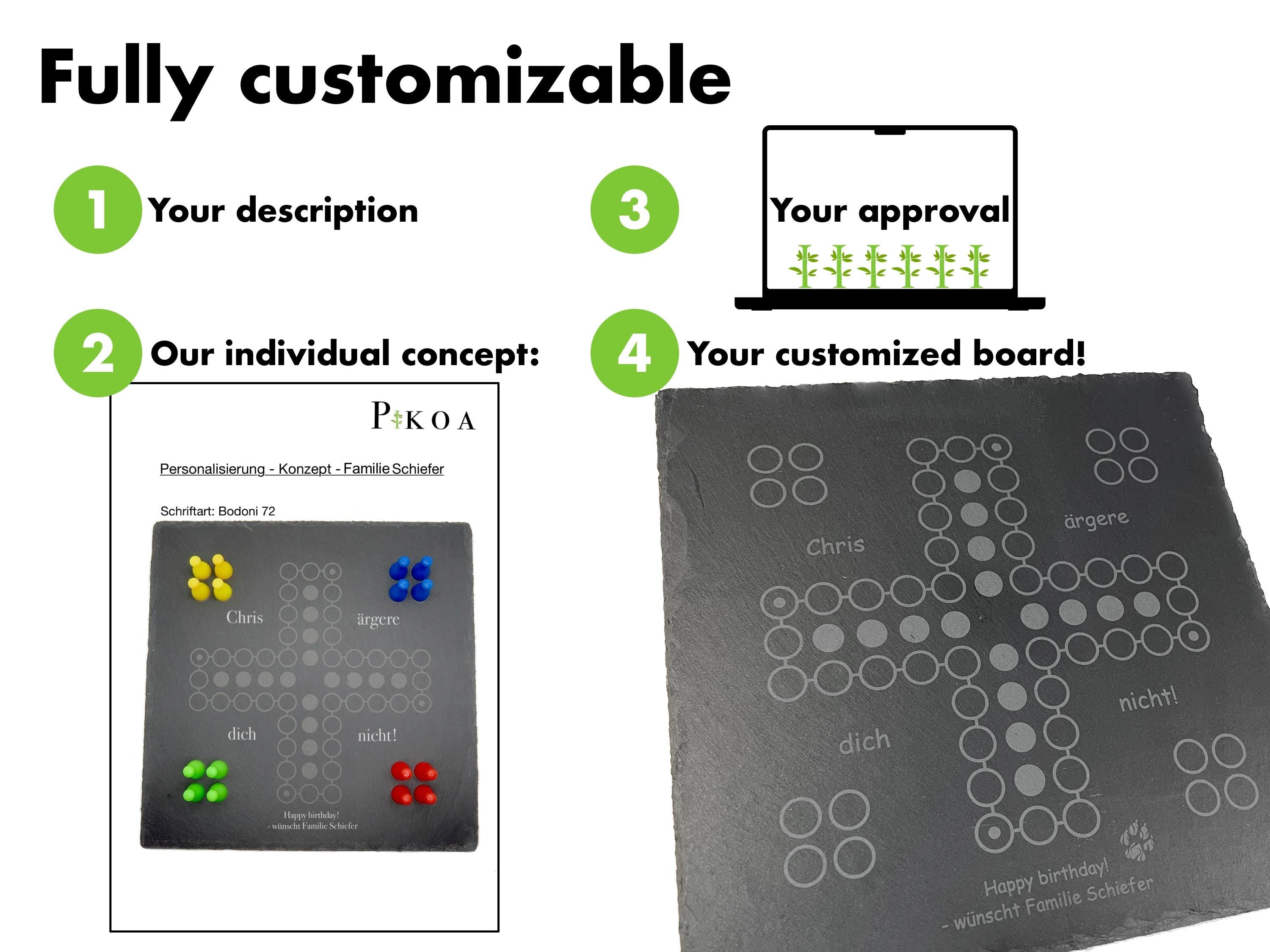 Personalisierung Ludo Spiel: Anleitung für Wunschtext und Gravur auf dem Schieferbrett als Geschenk.